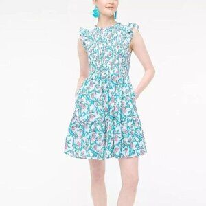 J. Crew Smocked Mini Dress, White Teal Green & Pink Floral, rushed, tiered Sz: S